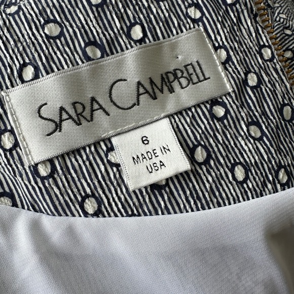 Sara‎ Campbell Women's Sheath Dress Blue White Polka Dot Striped Ruched Size 6 - Picture 8 of 9